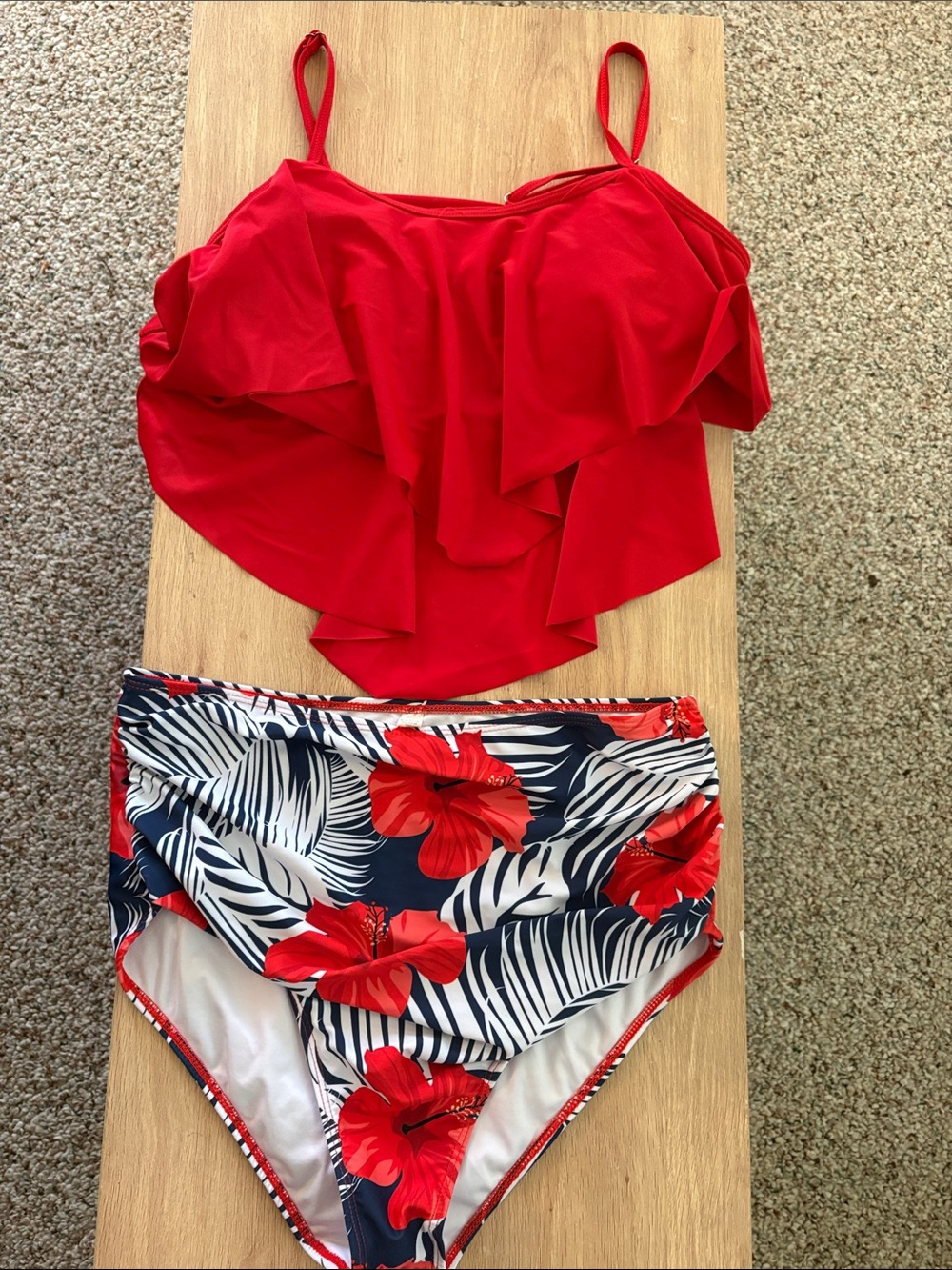 Source Unknown Red Ruffle Tankini Top with Navy Floral High-Waist Bottoms